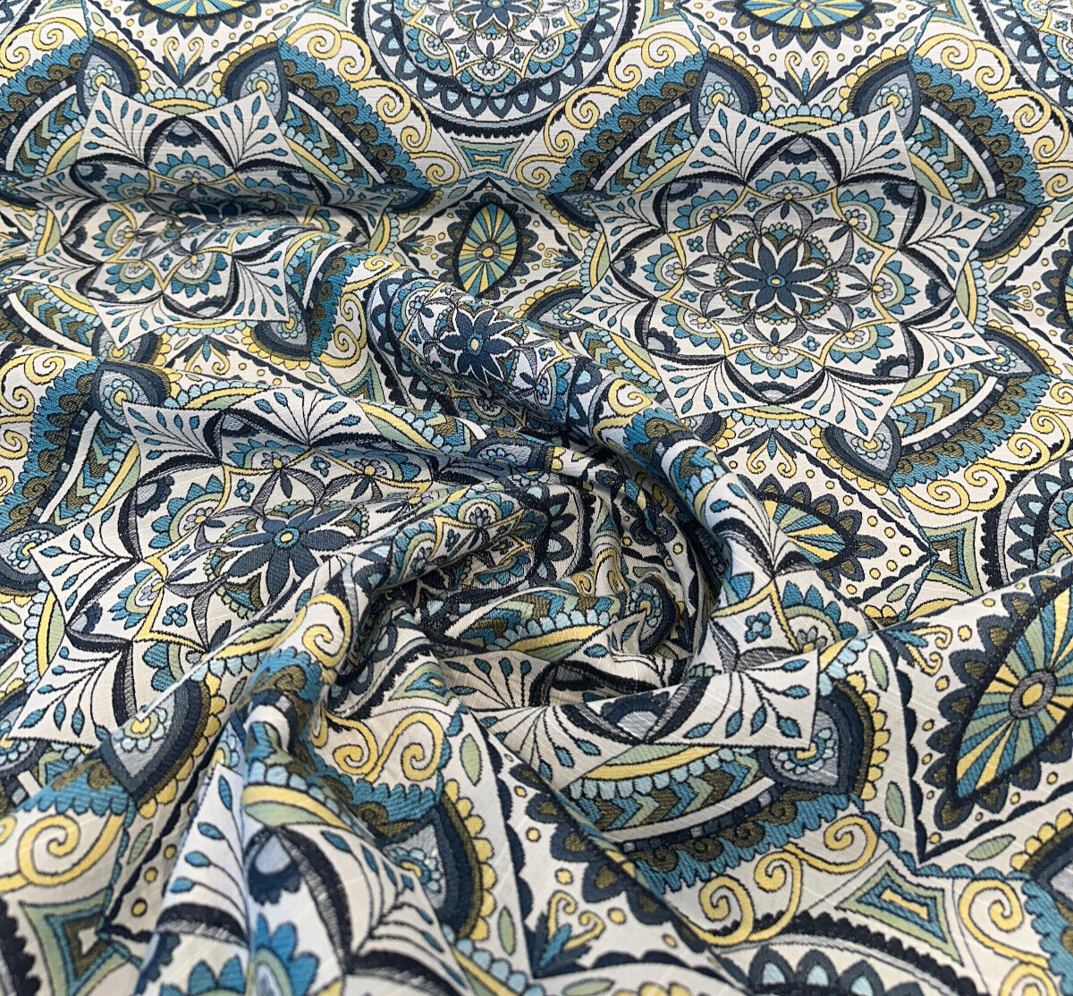 Ornate Mandala Teal Jacquard Fabric - Teal, Navy Blue, Gold Mandala Pattern, 57" Width (1 Yard)