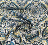 Ornate Mandala Teal Jacquard Fabric - Teal, Navy Blue, Gold Mandala Pattern, 57" Width (1 Yard)