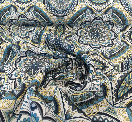Ornate Mandala Teal Jacquard Fabric - Teal, Navy Blue, Gold Mandala Pattern, 57" Width (1 Yard)