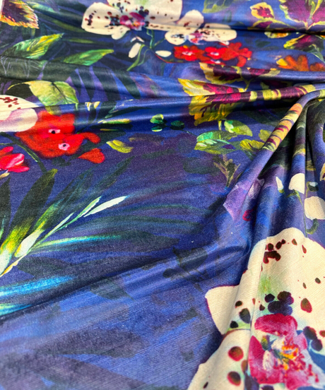 Natural Delicacy Velvet Fabric - Midnight Blue Printed Floral, 54" Width (1 Yard)