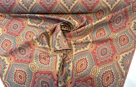 Vintage Medallion Cayenne Jacquard Fabric - Red, Teal, Gold, Green Medallion Pattern, 56" Width (By The Yard)