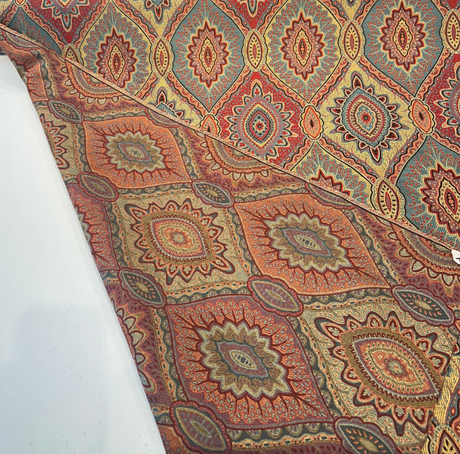 Vintage Medallion Cayenne Jacquard Fabric - Red, Teal, Gold, Green Medallion Pattern, 56" Width (By The Yard)