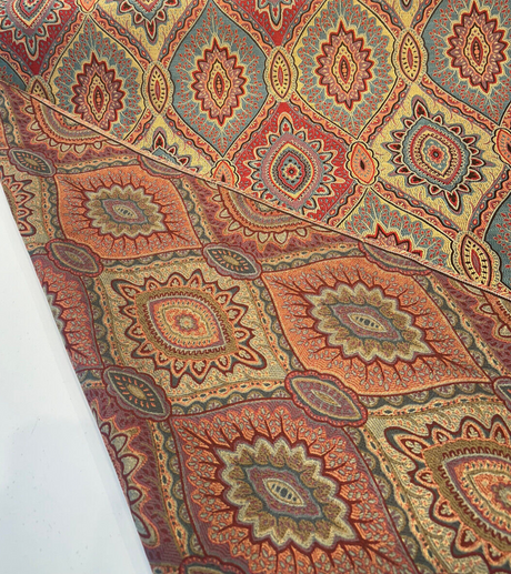 Vintage Medallion Cayenne Jacquard Fabric - Red, Teal, Gold, Green Medallion Pattern, 56" Width (By The Yard)