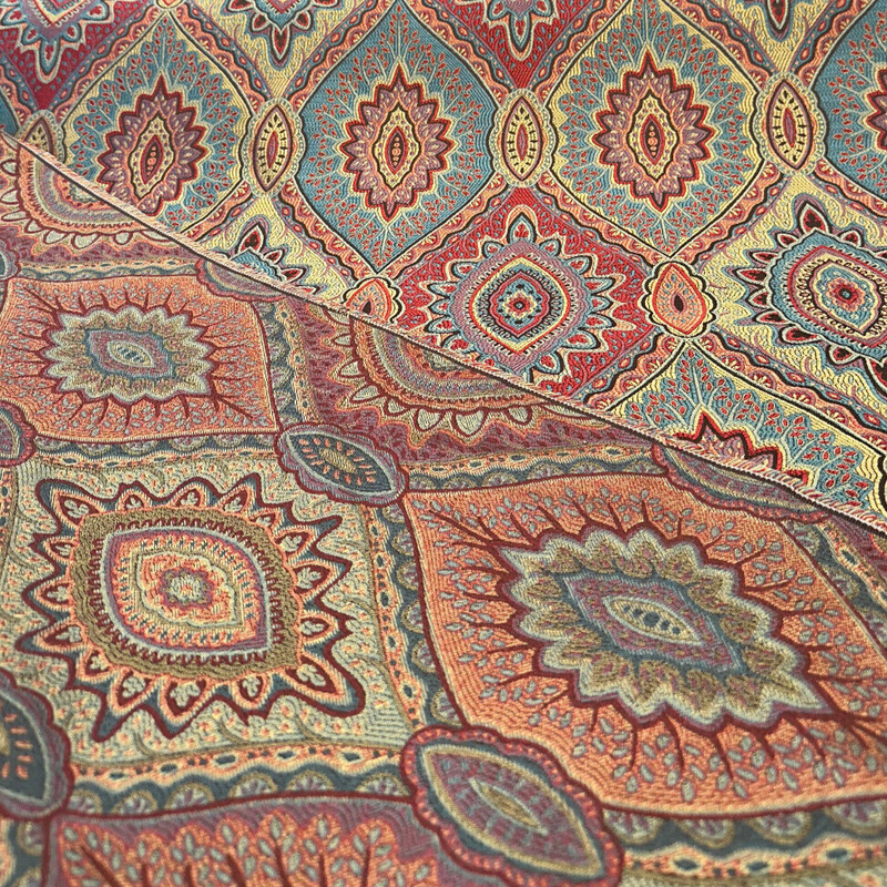 Vintage Medallion Cayenne Jacquard Fabric - Red, Teal, Gold, Green Medallion Pattern, 56" Width (By The Yard)
