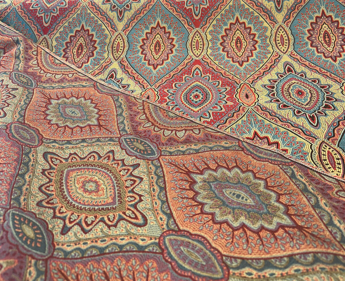 Vintage Medallion Cayenne Jacquard Fabric - Red, Teal, Gold, Green Medallion Pattern, 56" Width (By The Yard)