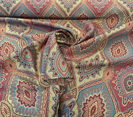 Vintage Medallion Cayenne Jacquard Fabric - Red, Teal, Gold, Green Medallion Pattern, 56" Width (By The Yard)