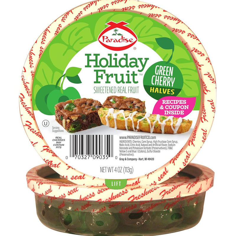 Paradise Candied Fruit, Green Cherry Halves, 4 Ounce