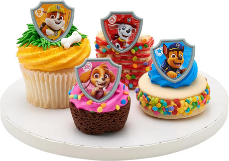 Paw Patrol Reporting For Duty Rings, Cupcake Decorations Featuring Chase, Marshall, Skye, And Rubble - 12 Pack