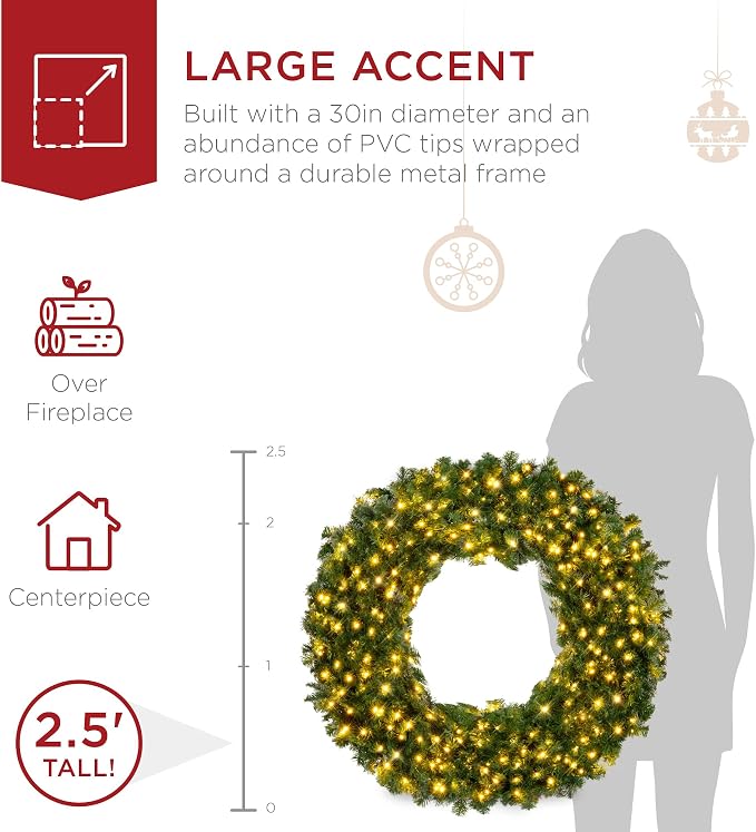Best Choice Products 30in Large Artificial Pre-Lit Fir Christmas Wreath Holiday Accent Decoration w/ 100 LED Lights, 220 PVC Tips