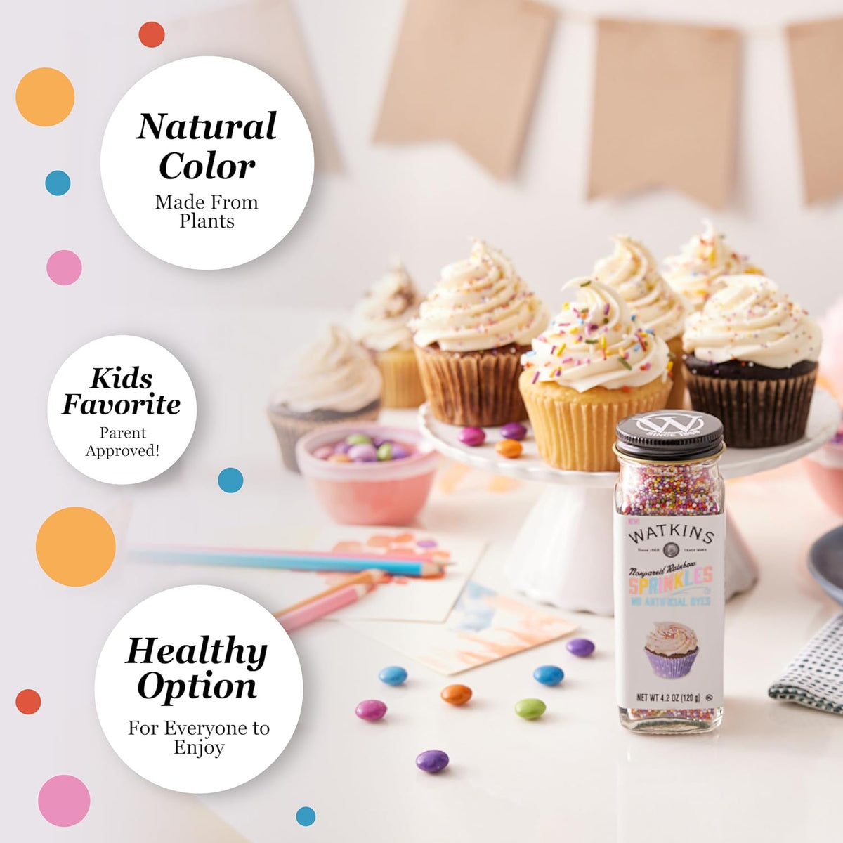 Watkins Rainbow Nonpareils Decorating Sugar, Non-GMO, Kosher, 4.2 Ounce Jar Dye Free
