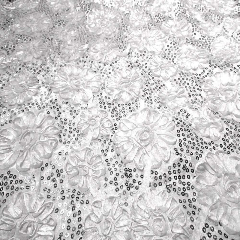 White Sequined Rosette Satin Fabric,