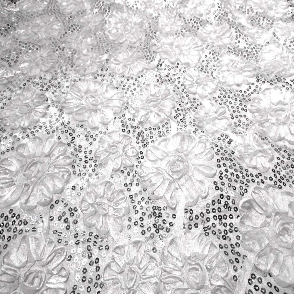 White Sequined Rosette Satin Fabric,
