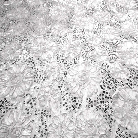 White Sequined Rosette Satin Fabric,