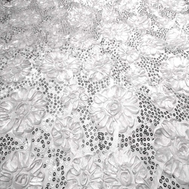 White Sequined Rosette Satin Fabric,
