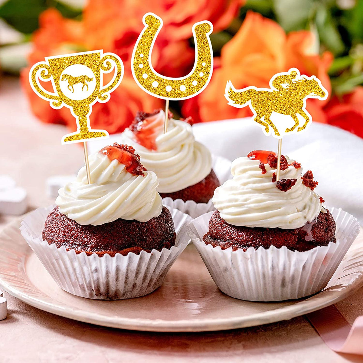 Kentucky Derby horse race-themed food & cupcake 12 piece Gold topper picks set