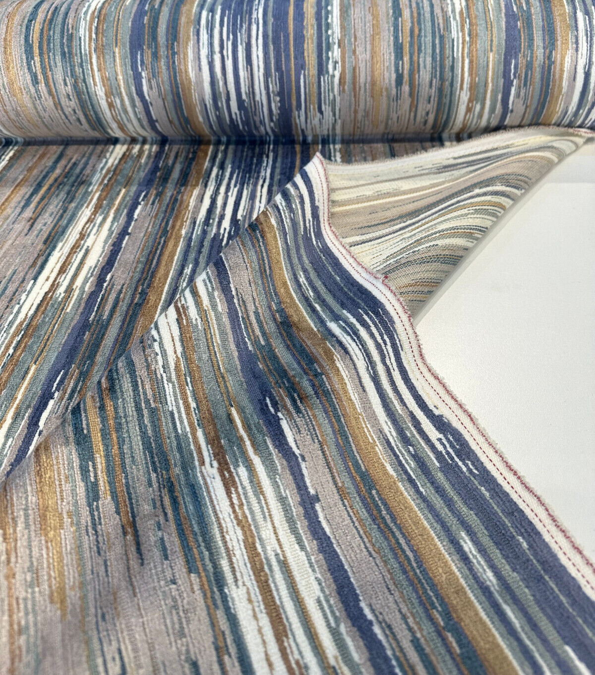 S2090 Alignment Aegean Velvet Fabric - Marseille Blue Multi-Tonal Stripes, 55" Width (By The Yard)