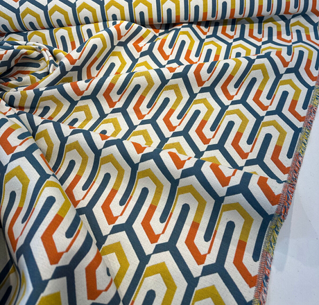 Sunbrella Retro Chevron Tropic Sunbrella Acrylic Fabric - Blue, Orange, Yellow, White Chevron Pattern, 54" Width (1 Yard)