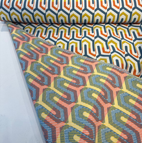 Sunbrella Retro Chevron Tropic Sunbrella Acrylic Fabric - Blue, Orange, Yellow, White Chevron Pattern, 54" Width (1 Yard)