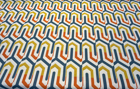 Sunbrella Retro Chevron Tropic Sunbrella Acrylic Fabric - Blue, Orange, Yellow, White Chevron Pattern, 54" Width (1 Yard)