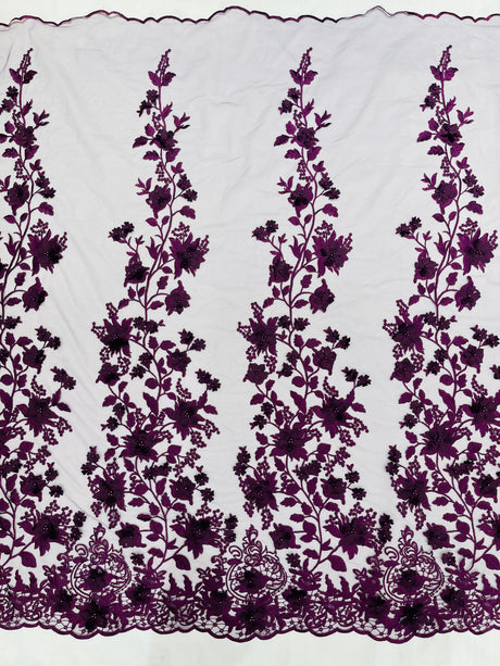 Princess 3D Floral Lace Polyester Fabric - Beaded Mesh Lace, 50" Width (1 Yard)