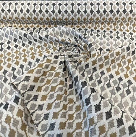Divide Mocha Acrylic Fabric - Ivory, Gray Charcoal, Toast Brown Small-Scale Ikat, 54" Width (1 Yard)
