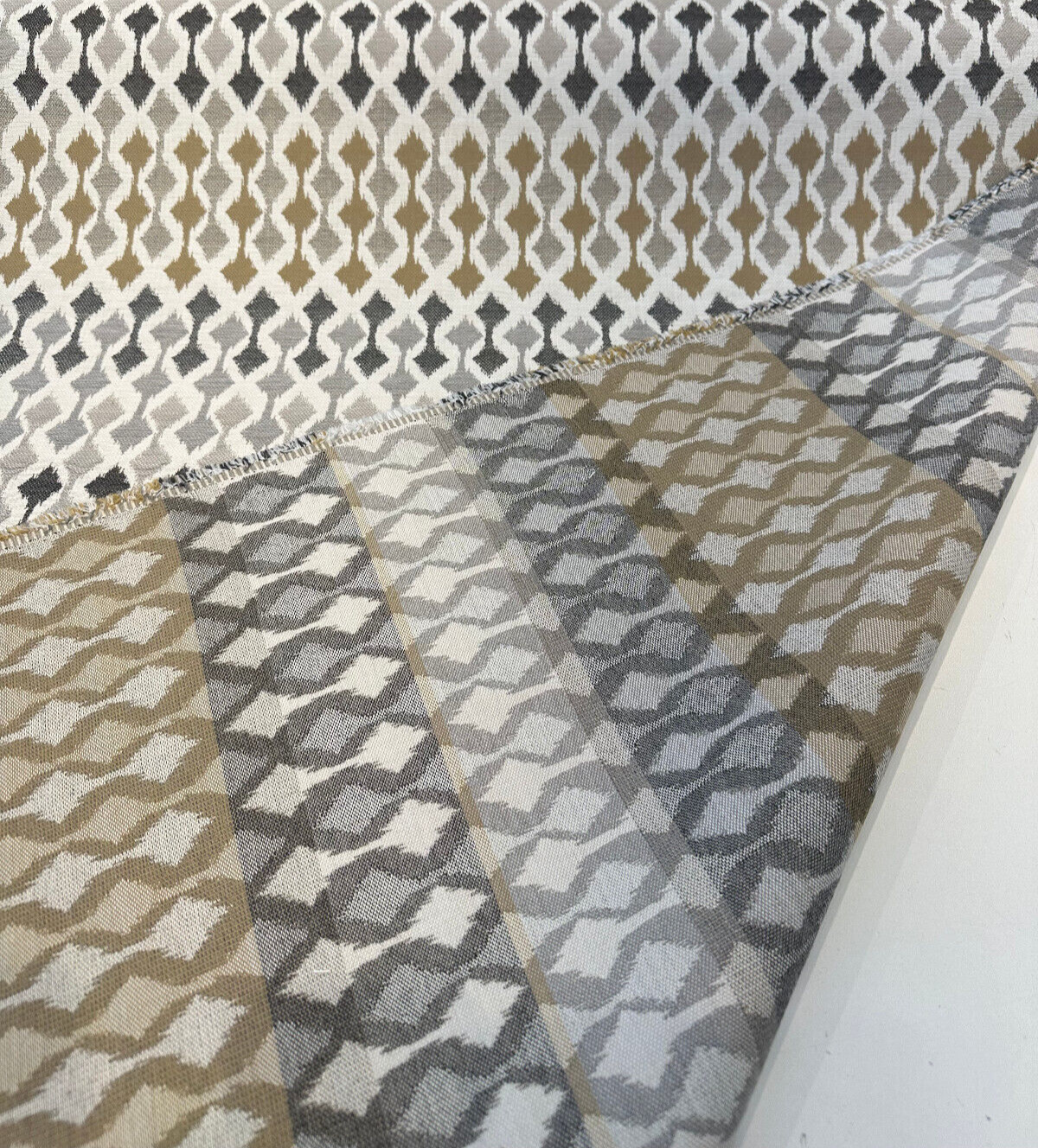 Divide Mocha Acrylic Fabric - Ivory, Gray Charcoal, Toast Brown Small-Scale Ikat, 54" Width (1 Yard)