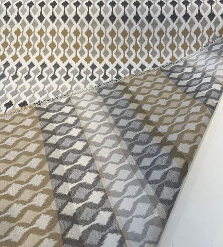 Divide Mocha Acrylic Fabric - Ivory, Gray Charcoal, Toast Brown Small-Scale Ikat, 54" Width (1 Yard)
