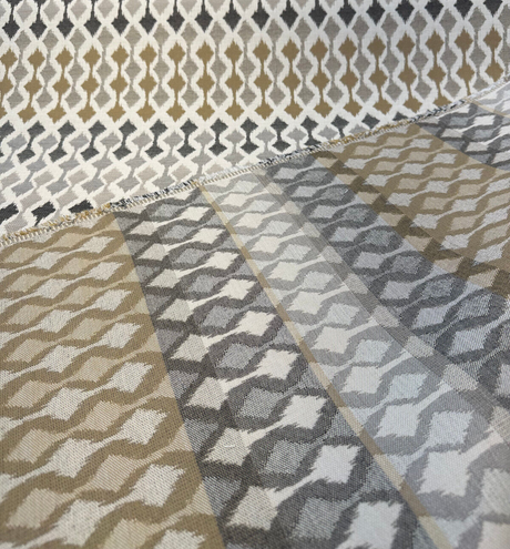 Divide Mocha Acrylic Fabric - Ivory, Gray Charcoal, Toast Brown Small-Scale Ikat, 54" Width (1 Yard)