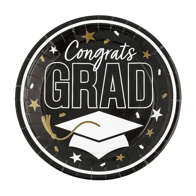 Gold Congrats Grad Round Paper Dinner Plates 9 Inch 25 Count