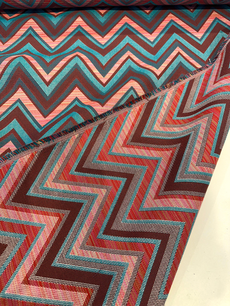 Fischer Carnival Sunbrella Solution Dyed Acrylic Fabric - Chevron, Red/Turquoise/Teal/Pink/Brown, 54" Width, 18" Vertical Repeat, 14" Horizontal Repeat (1 Yard)