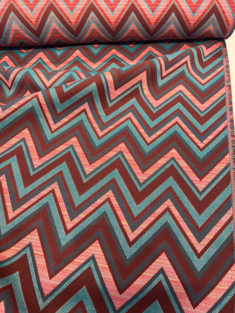 Fischer Carnival Sunbrella Solution Dyed Acrylic Fabric - Chevron, Red/Turquoise/Teal/Pink/Brown, 54" Width, 18" Vertical Repeat, 14" Horizontal Repeat (1 Yard)
