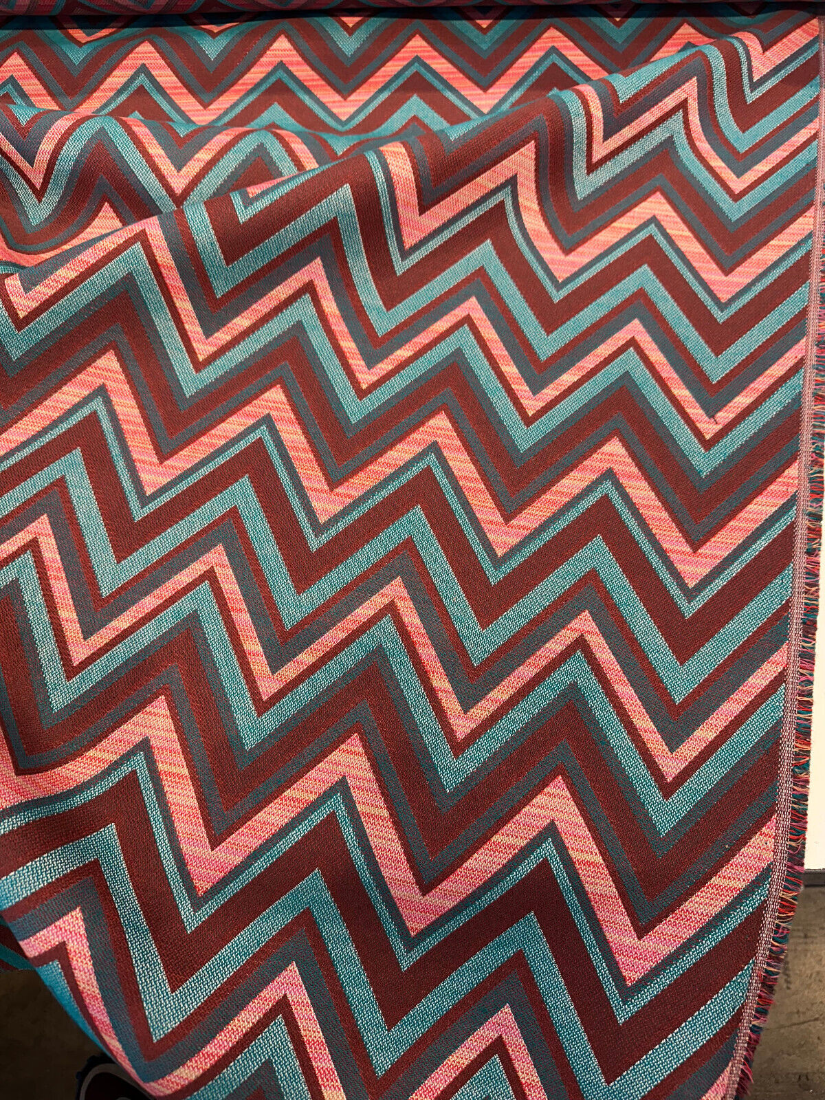 Fischer Carnival Sunbrella Solution Dyed Acrylic Fabric - Chevron, Red/Turquoise/Teal/Pink/Brown, 54" Width, 18" Vertical Repeat, 14" Horizontal Repeat (1 Yard)