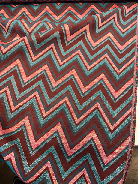 Fischer Carnival Sunbrella Solution Dyed Acrylic Fabric - Chevron, Red/Turquoise/Teal/Pink/Brown, 54" Width, 18" Vertical Repeat, 14" Horizontal Repeat (1 Yard)