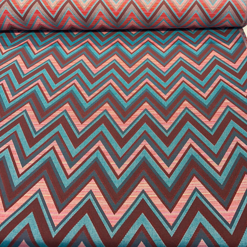 Fischer Carnival Sunbrella Solution Dyed Acrylic Fabric - Chevron, Red/Turquoise/Teal/Pink/Brown, 54" Width, 18" Vertical Repeat, 14" Horizontal Repeat (1 Yard)