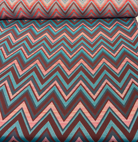 Fischer Carnival Sunbrella Solution Dyed Acrylic Fabric - Chevron, Red/Turquoise/Teal/Pink/Brown, 54" Width, 18" Vertical Repeat, 14" Horizontal Repeat (1 Yard)