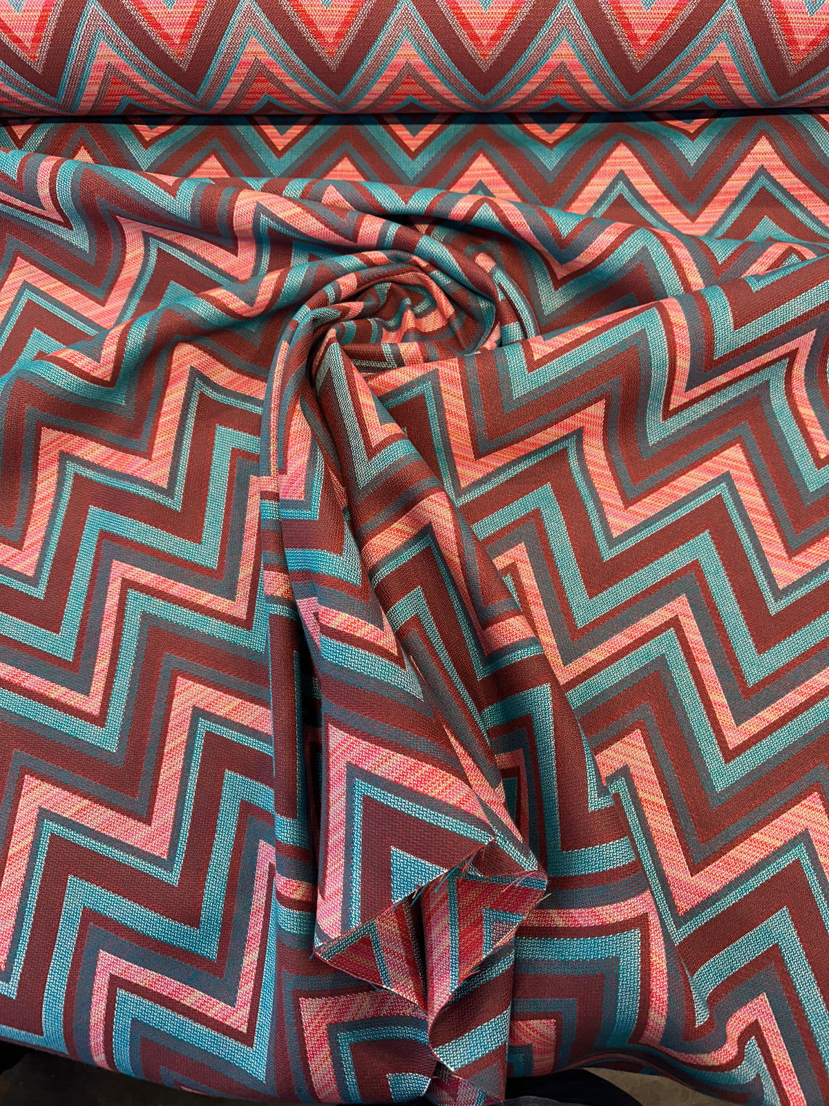 Fischer Carnival Sunbrella Solution Dyed Acrylic Fabric - Chevron, Red/Turquoise/Teal/Pink/Brown, 54" Width, 18" Vertical Repeat, 14" Horizontal Repeat (1 Yard)
