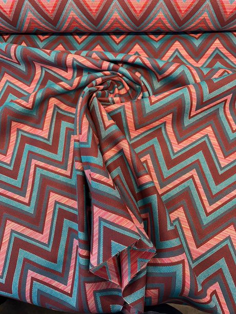 Fischer Carnival Sunbrella Solution Dyed Acrylic Fabric - Chevron, Red/Turquoise/Teal/Pink/Brown, 54" Width, 18" Vertical Repeat, 14" Horizontal Repeat (1 Yard)