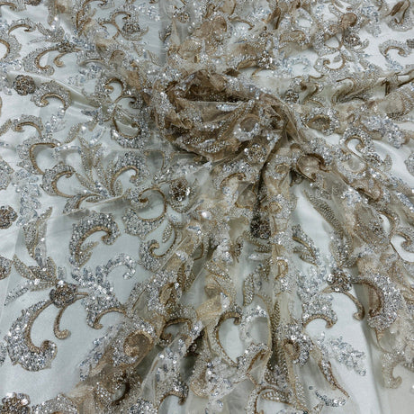 Beaded Lace Fabric Embroidered Mesh Champagne