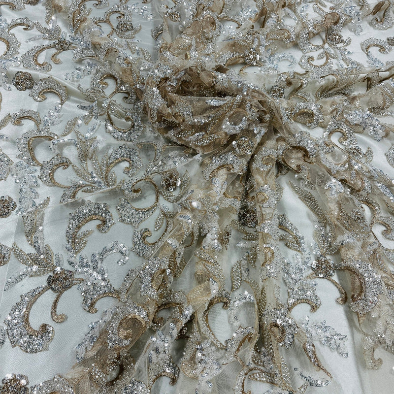 1 Yard Champagne Beaded Lace Fabric Embroidered on Polyester Mesh, 53" Wide,