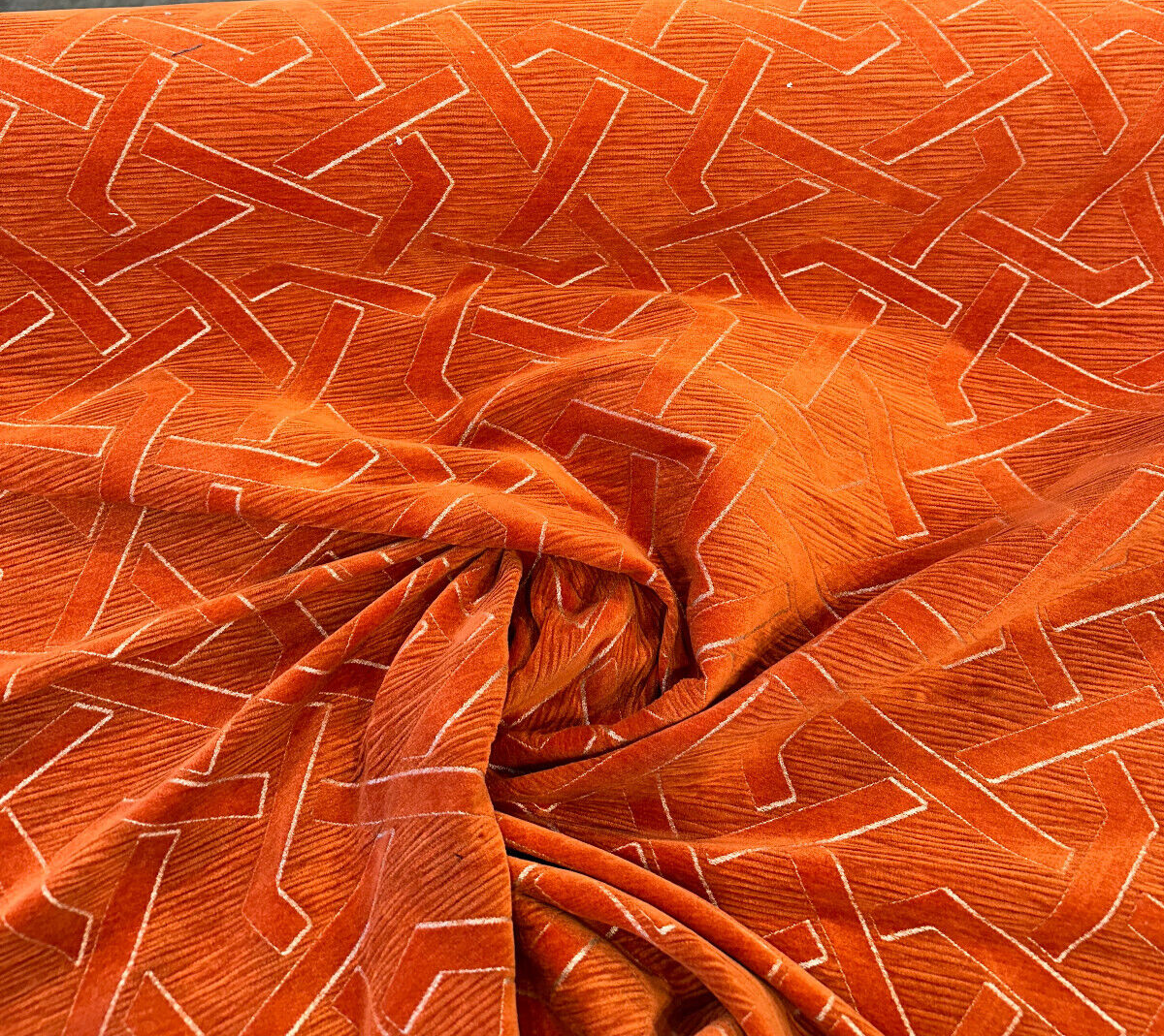 Zara Orange Marmalade Velvet Fabric - Geometric Diamond Pattern, Orange With Silver Beige Lines, 56" Width (1 Yard)