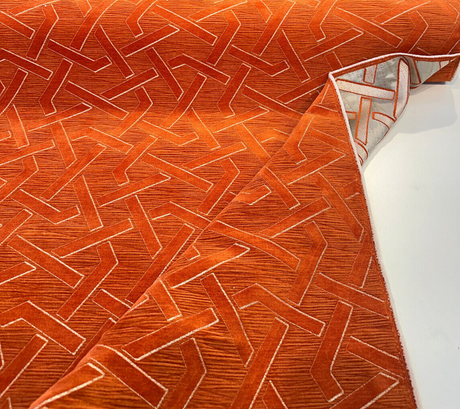 Zara Orange Marmalade Velvet Fabric - Geometric Diamond Pattern, Orange With Silver Beige Lines, 56" Width (1 Yard)