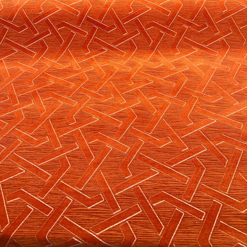 Zara Orange Marmalade Velvet Fabric - Geometric Diamond Pattern, Orange With Silver Beige Lines, 56" Width (1 Yard)