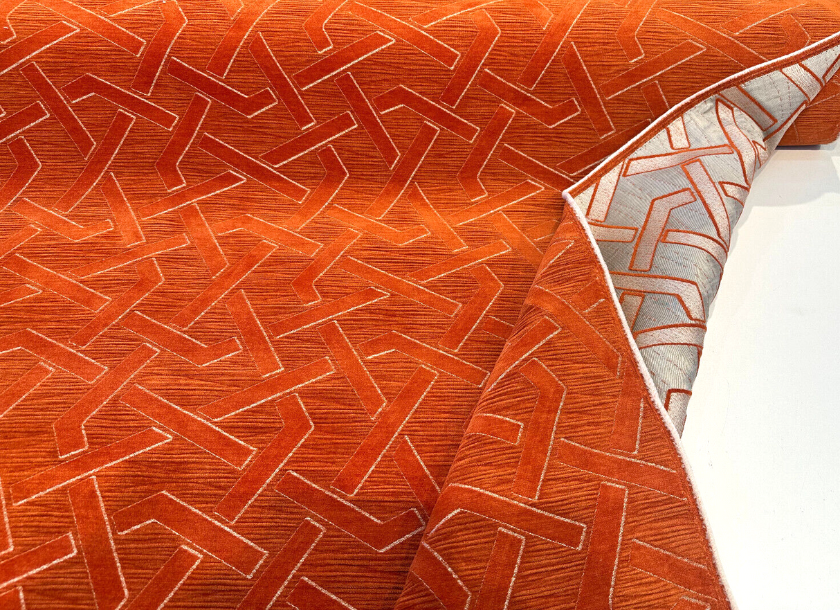 Zara Orange Marmalade Velvet Fabric - Geometric Diamond Pattern, Orange With Silver Beige Lines, 56" Width (1 Yard)