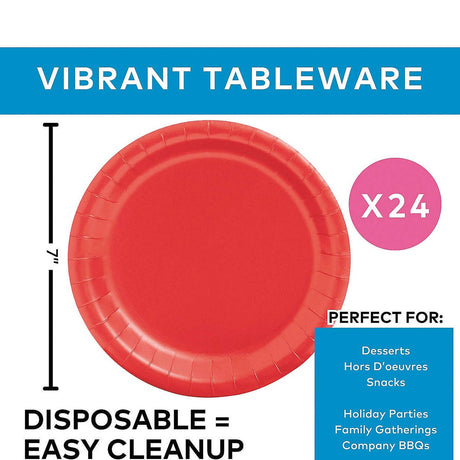 24 Count Bold Red Paper Dessert Plates for Parties Holidays Events 7"