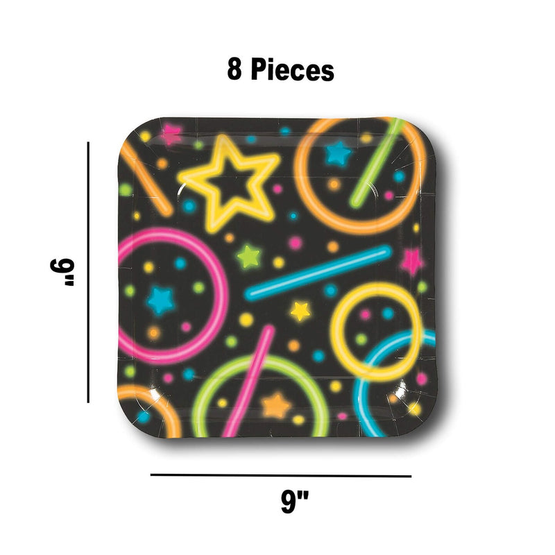 8 Count Neon Glow Rings and Stars Square Paper Plates 9 Inch for Birthday Parties