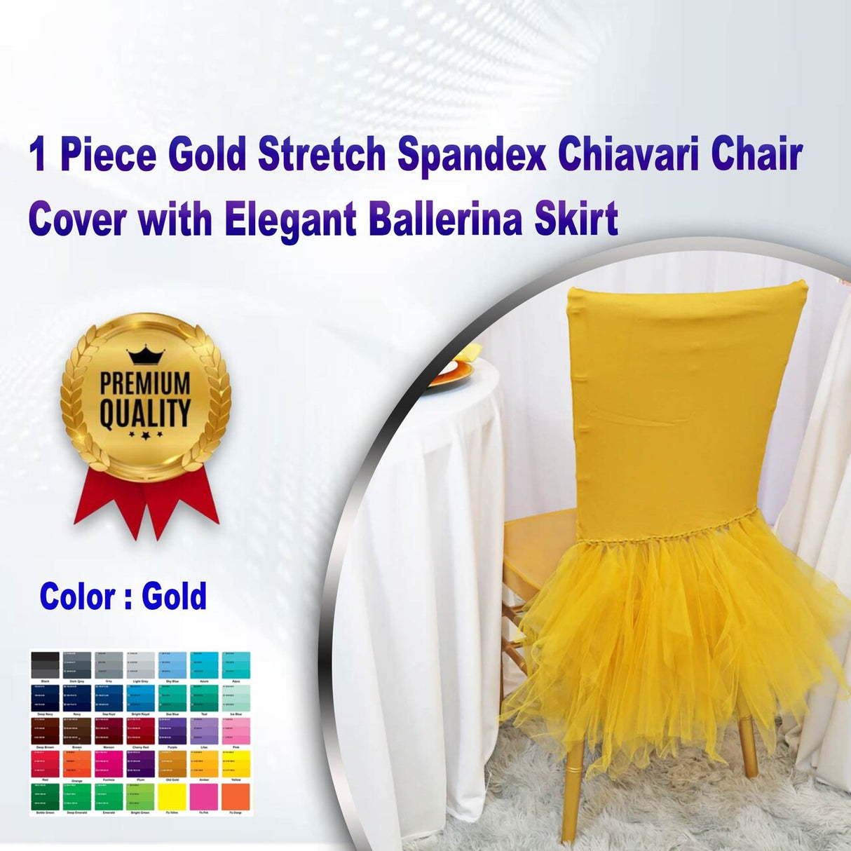 1 Piece Gold Stretch Spandex Chiavari Chair Cover with Elegant Ballerina Skirt