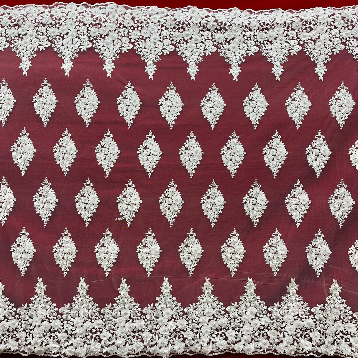 Beaded 3D Floral Lace Polyester Fabric - Off White, Gold, Silver, Lt. Blue, 52" Wide (1 Yard)