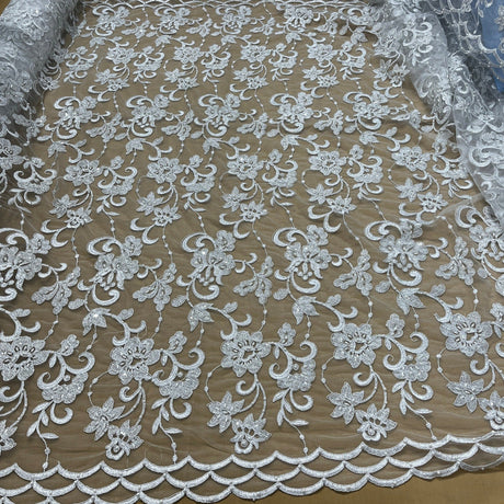 Beaded Corded Bridal Lace Fabric Silver 52" Wide