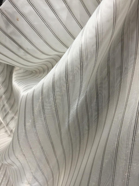P Kaufmann Crossing Elegant Silver Stripe Sheer Polyester Sheer Fabric - Silver Stripe, 126" Width (1 Yard)