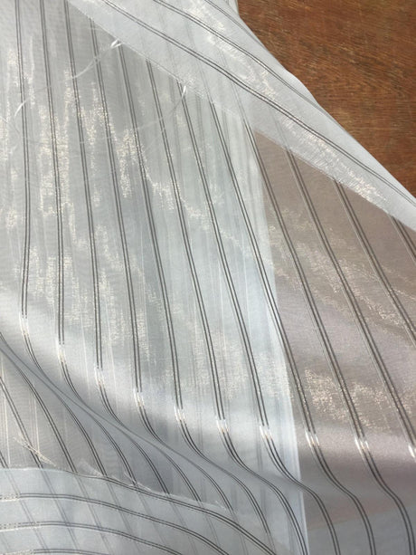 P Kaufmann Crossing Elegant Silver Stripe Sheer Polyester Sheer Fabric - Silver Stripe, 126" Width (1 Yard)